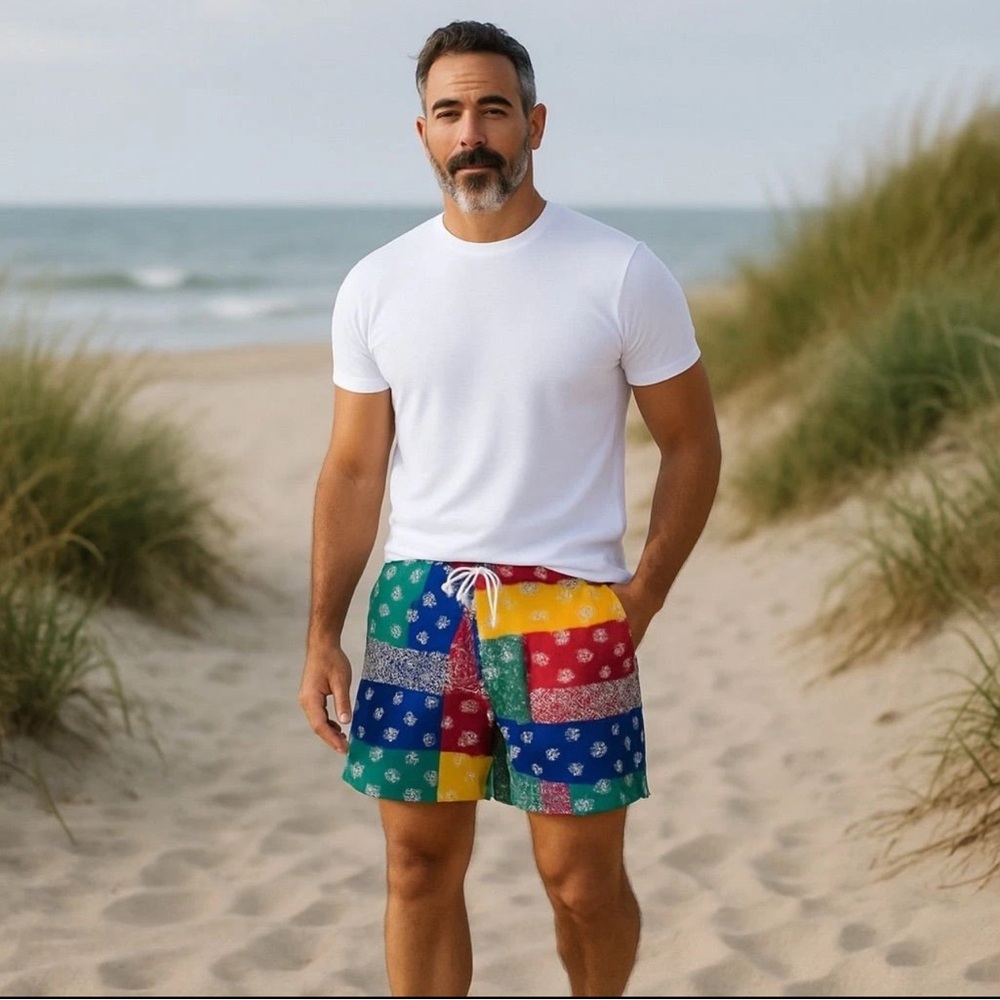 Polo Ralph Lauren L PATCHWORK BANDANA Traveller Swim Trunks Bathing Suit